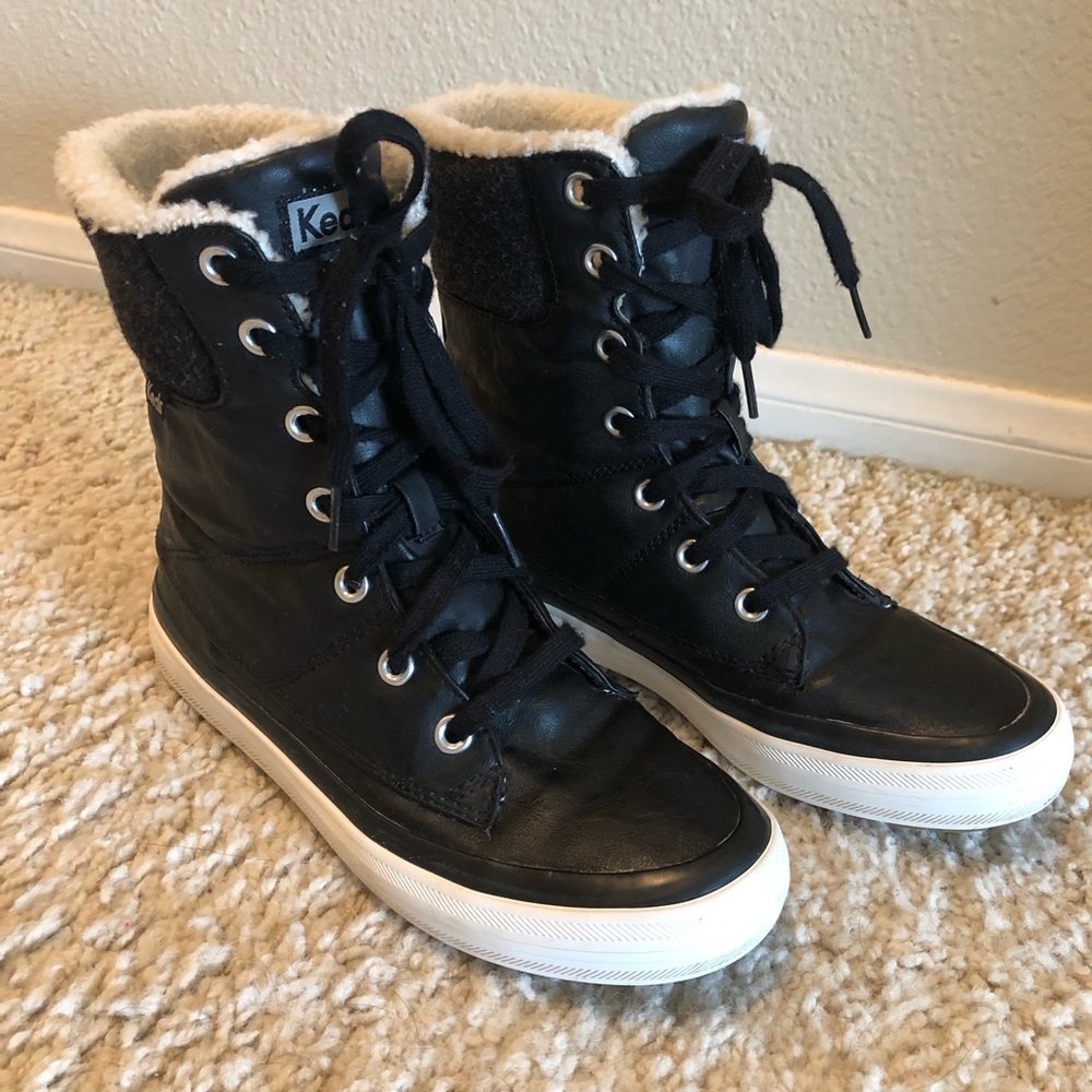 Keds black fuzzy high tops moto boots size 6.5